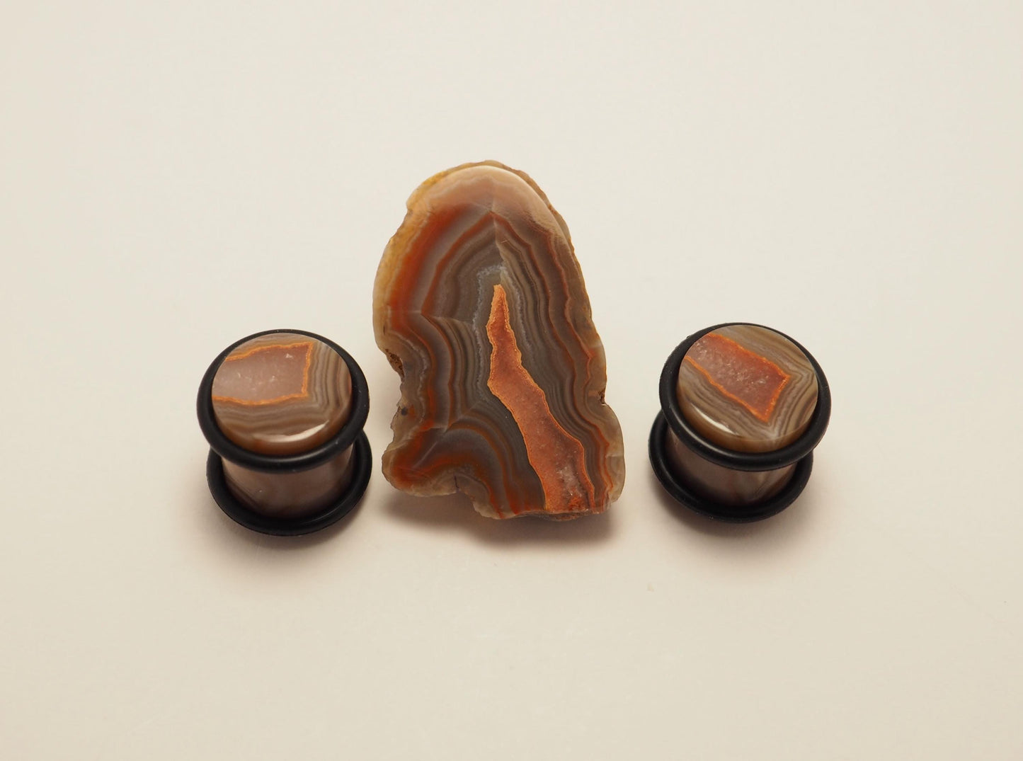 00g 10mm Lake Superior Agate Plugs & Face Polished Specimen Set from the Same Stone - No Flare Plugs- 00g (10mm) LSA Gauges